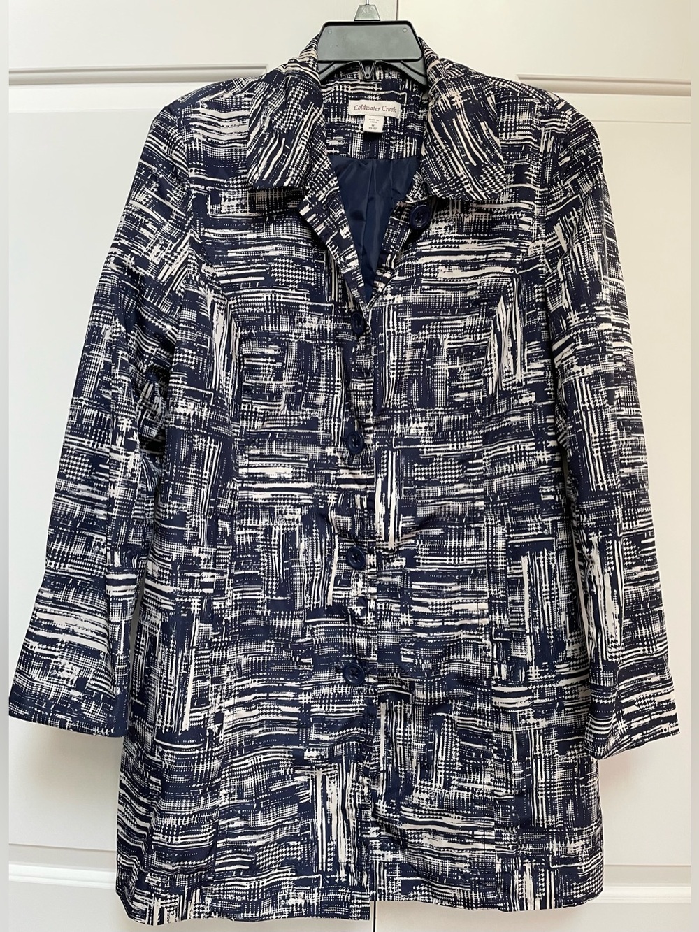 Coldwater Creek Abstract Navy Cream Pockets Lined Water Resistant Coat Jacket